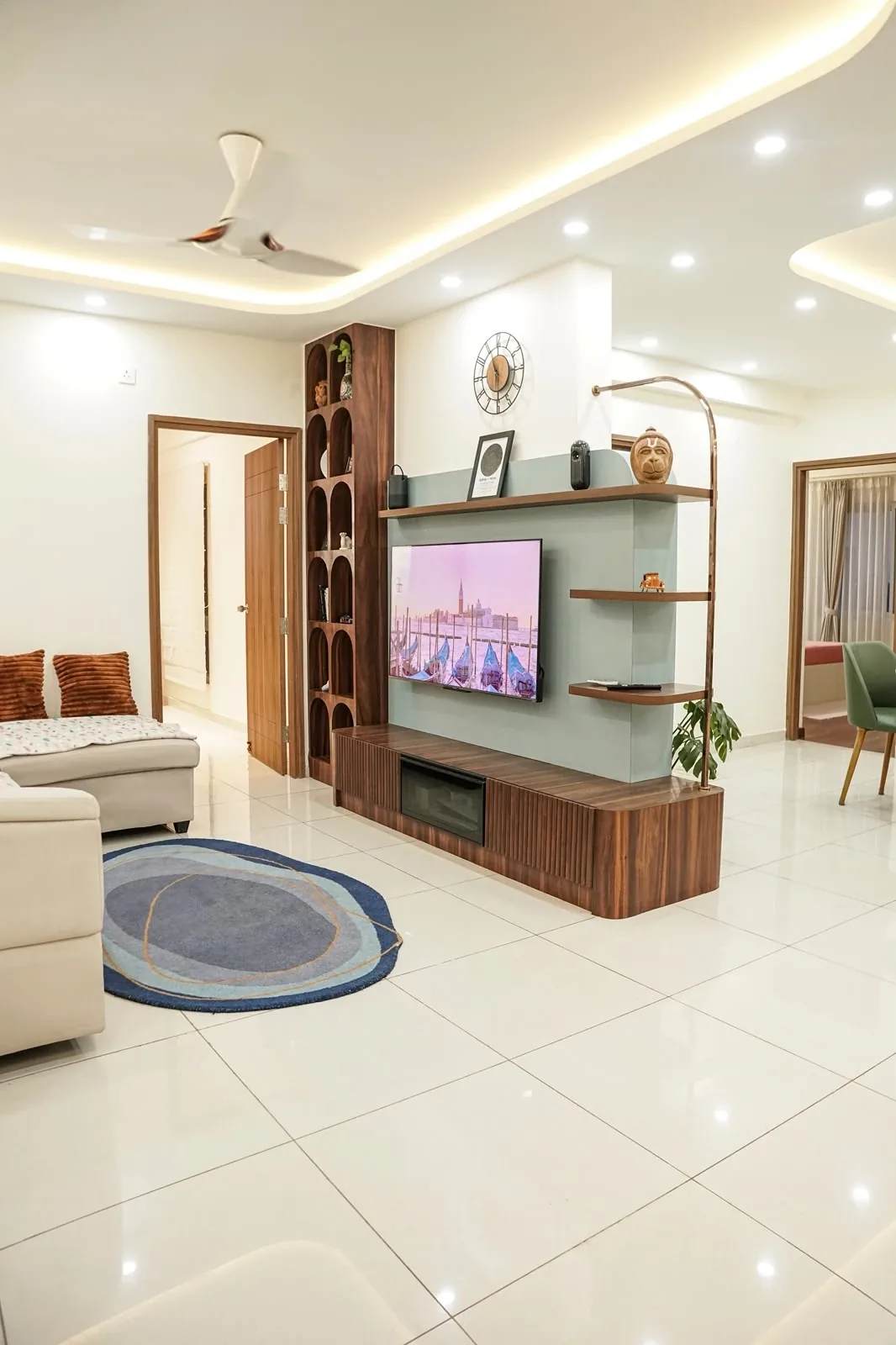 Contemporary Living Room & Custom TV Console - SBR Pravanika | SATLAK Interiors